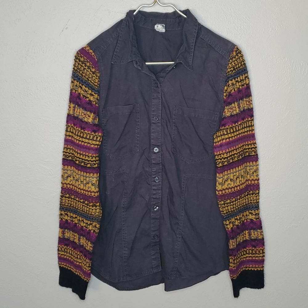 Free People Button Down Crochet Knit Sleeve Top Size Large